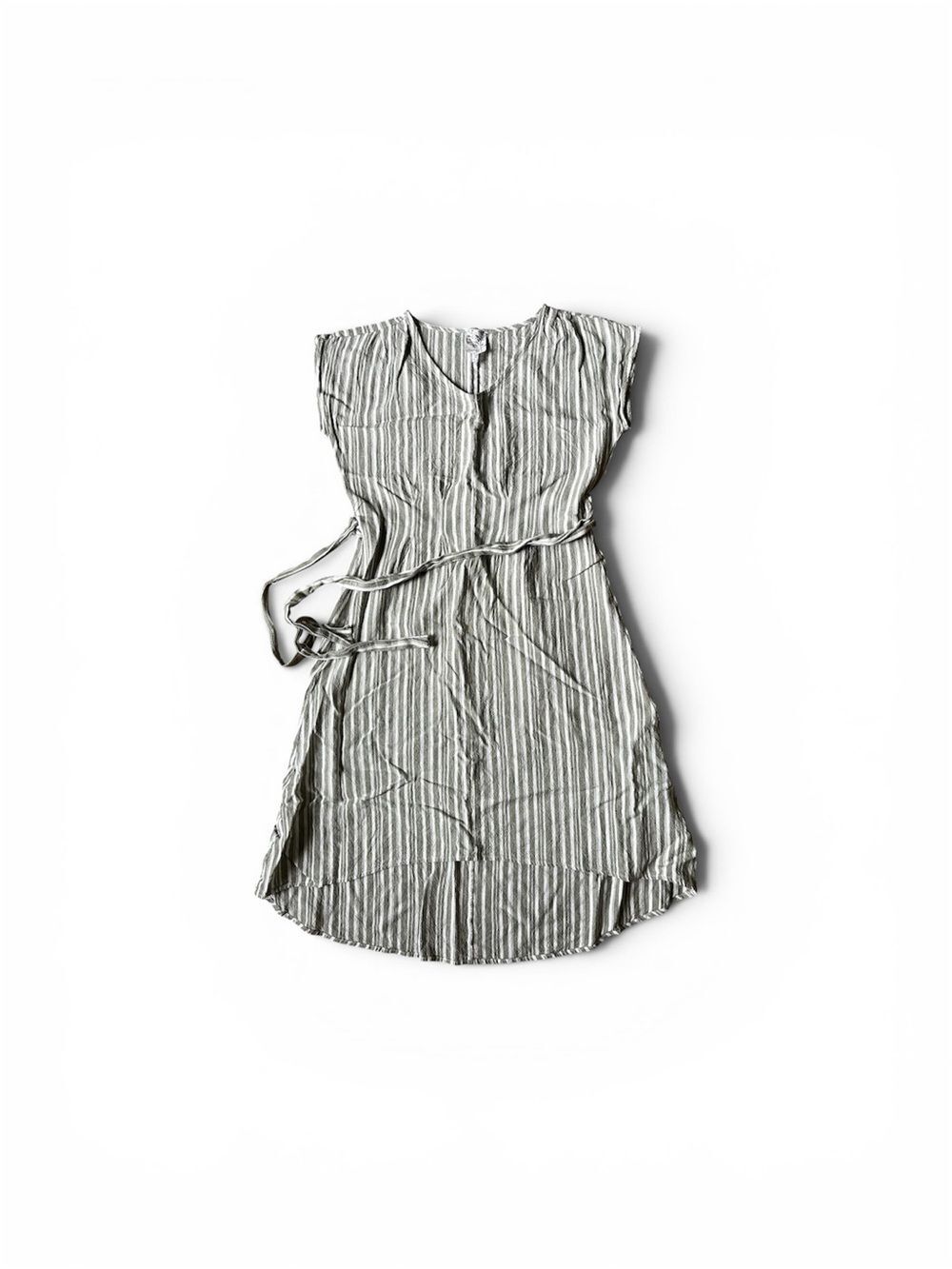 Naif Striped Tie-Waist V-Neck Dress in Light Green and White